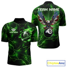 Load image into Gallery viewer, Men’s green thunder lightning billiard quarter zip shirt with patriotic 8 ball artwork.