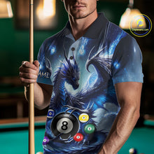 Load image into Gallery viewer, Man wearing a blue dragon 8 ball billiard jersey during pool league play front view.
