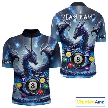 Men’s blue dragon 8 ball billiard quarter zip shirt for tournaments and team matches.