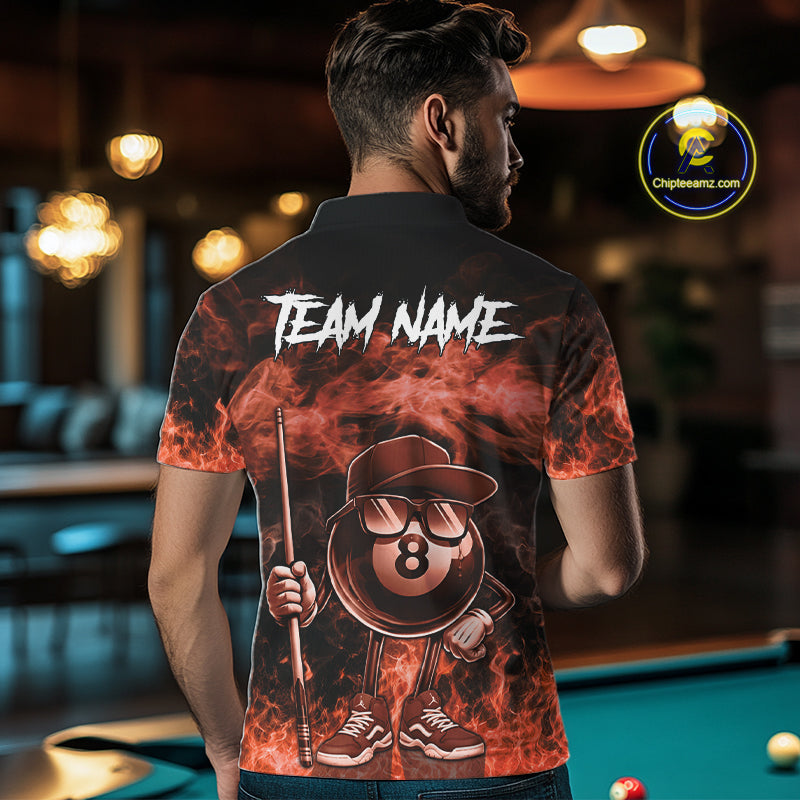 Back view of man wearing a orange 8 ball flame smoke pool team jersey.