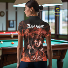 Load image into Gallery viewer, Back view of woman wearing an orange 8 ball flame smoke pool team jersey.