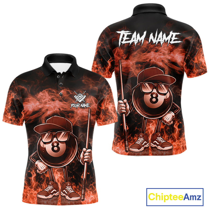 Orange 8 ball flame smoke custom billiard polo shirt for men with bold fire graphics.