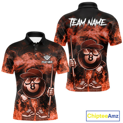 Orange 8 ball flame smoke custom billiard polo shirt for men with bold fire graphics.