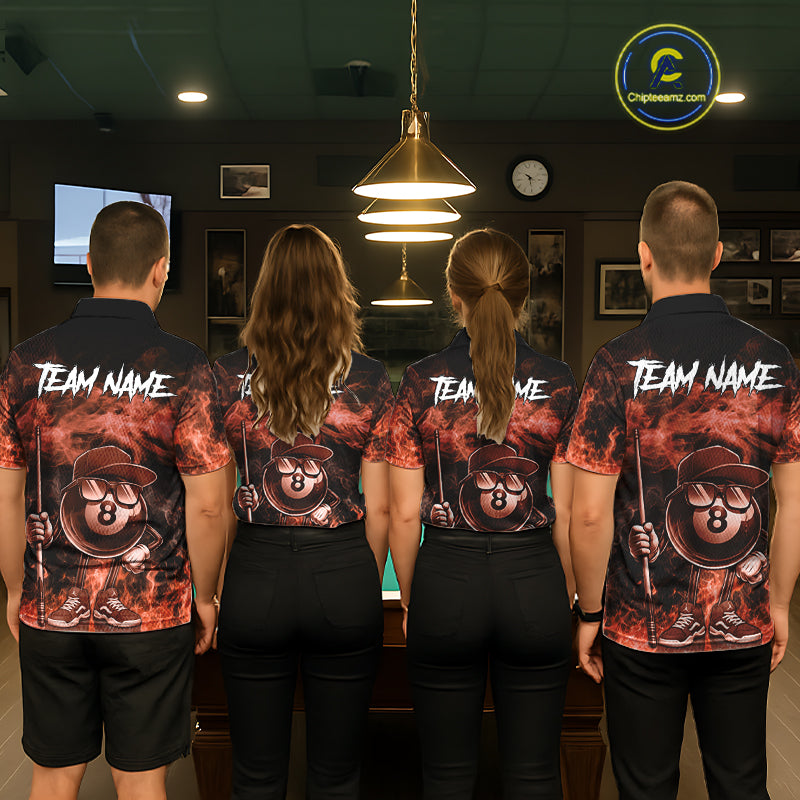 Back view of pool team wearing matching orange 8 ball flame smoke billiard shirts.