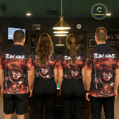 Back view of pool team wearing matching orange 8 ball flame smoke billiard shirts.