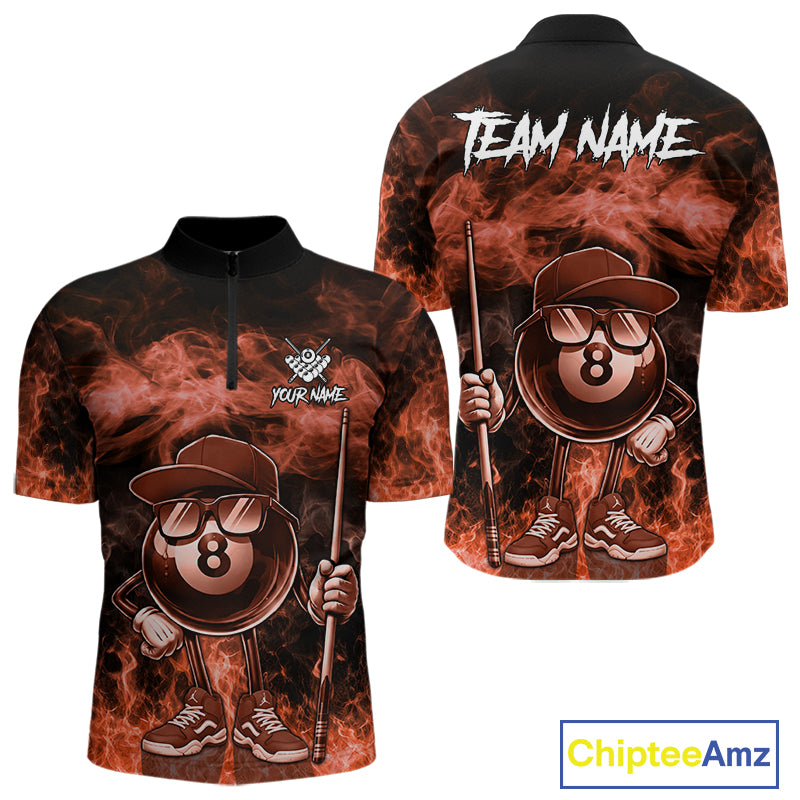 Orange 8 ball flame smoke quarter zip billiard shirt for men, custom pool team jersey.