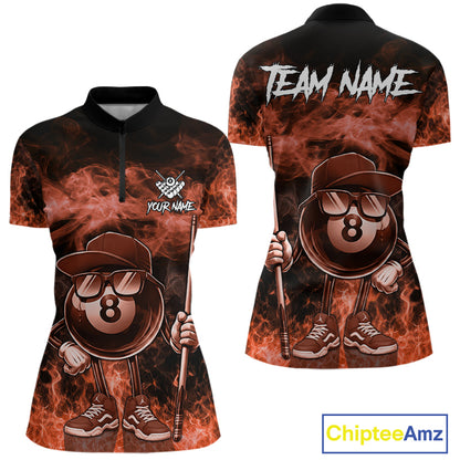 Orange 8 ball flame smoke quarter zip billiard shirt for women, custom pool team jersey.