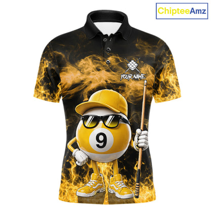 Yellow funny 9 ball flame smoke billiard polo shirt for men, custom billiard team jersey uniform.
