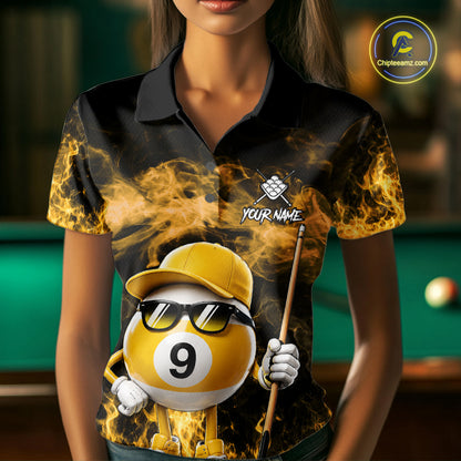 Woman wearing a yellow 9 ball flame smoke billiard jersey front view.