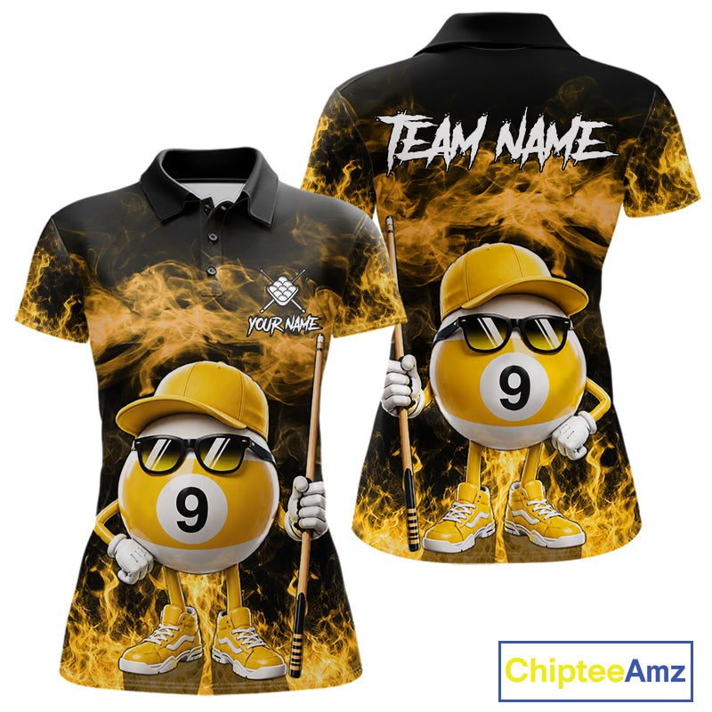 Yellow 9 ball flame smoke custom billiard polo shirt for women with bold fire graphics.