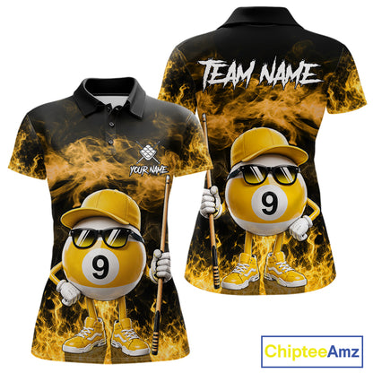 Yellow 9 ball flame smoke custom billiard polo shirt for women with bold fire graphics.