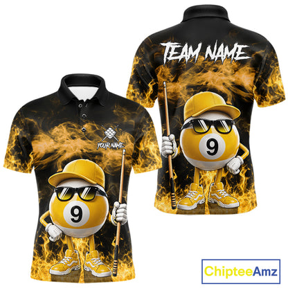Yellow 9 ball flame smoke custom billiard polo shirt for men with bold fire graphics.