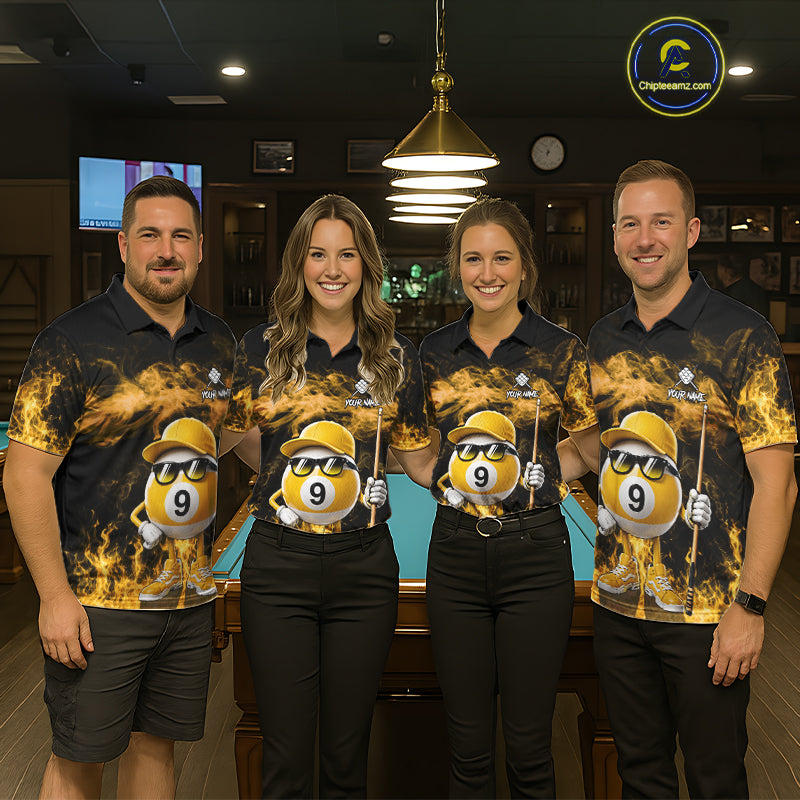 Pool team wearing matching yellow 9 ball flame smoke billiard jerseys front view.