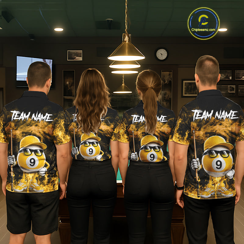 Back view of pool team wearing matching yellow 9 ball flame smoke billiard shirts.
