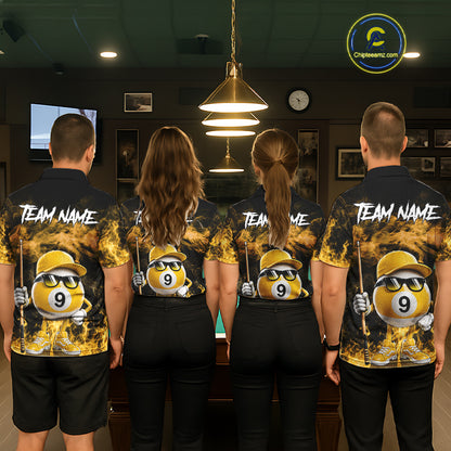 Back view of pool team wearing matching yellow 9 ball flame smoke billiard shirts.