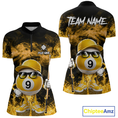 Yellow 9 ball flame smoke quarter zip billiard shirt for women, custom pool team jersey.