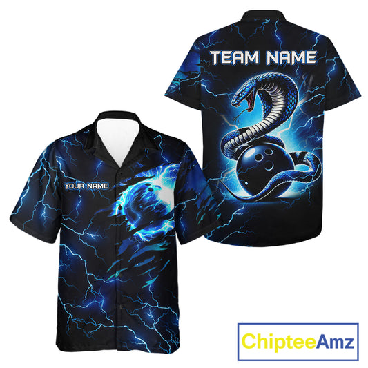 Blue Lightning Thunder Custom Cobra Snake Bowling Hawaiian Shirt For Men Women, Bowling Team Jersey TDM7708