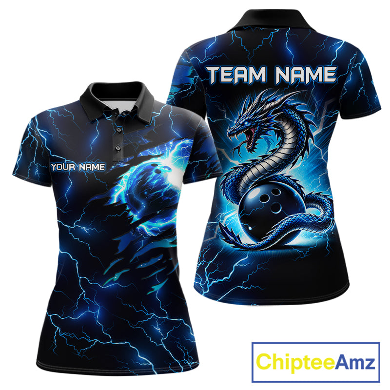 Blue Lightning Thunder Custom Dragon Bowling Shirt For Women Personalized Bowling League Team Jersey TDM7709