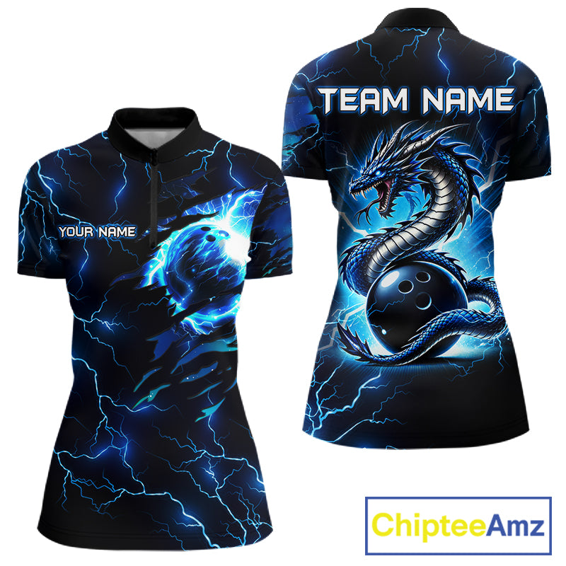 Blue Lightning Thunder Custom Dragon Bowling Shirt For Women Personalized Bowling League Team Jersey TDM7709
