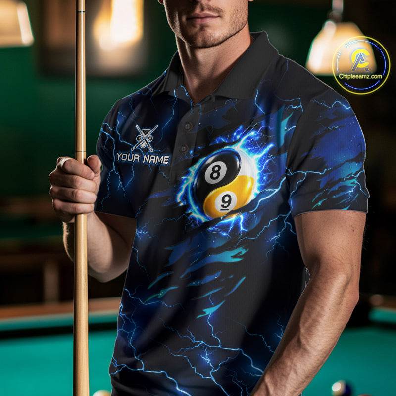 Blue Lightning Yinyang 8 Ball & 9 Ball Cobra Snake Billiard Shirts For Men Custom Pool Team Jersey TDM7710