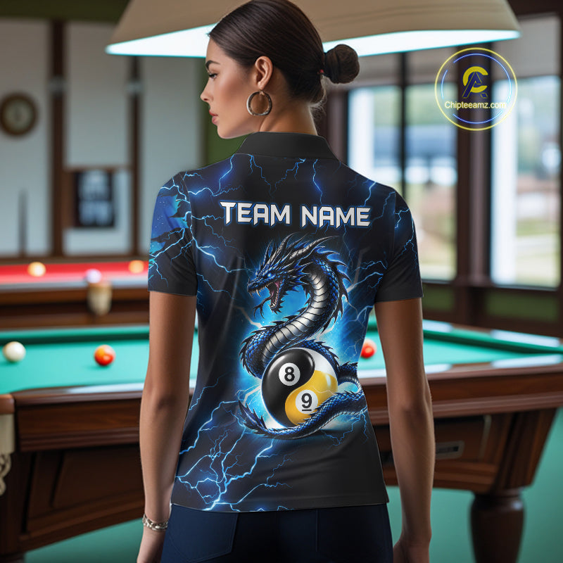 Blue Lightning Yinyang 8 Ball & 9 Ball Dragon Billiard Shirts For Women Custom Pool Team Jersey TDM7711