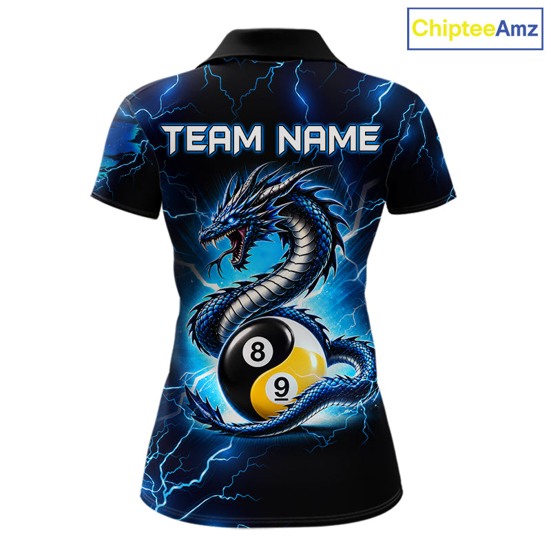 Blue Lightning Yinyang 8 Ball & 9 Ball Dragon Billiard Shirts For Women Custom Pool Team Jersey TDM7711