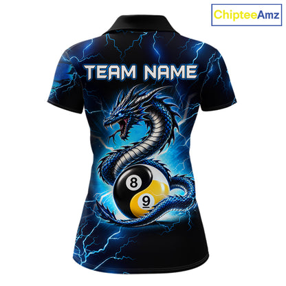 Blue Lightning Yinyang 8 Ball & 9 Ball Dragon Billiard Shirts For Women Custom Pool Team Jersey TDM7711