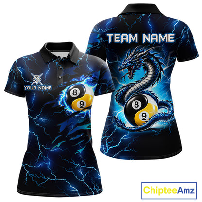 Blue Lightning Yinyang 8 Ball & 9 Ball Dragon Billiard Shirts For Women Custom Pool Team Jersey TDM7711