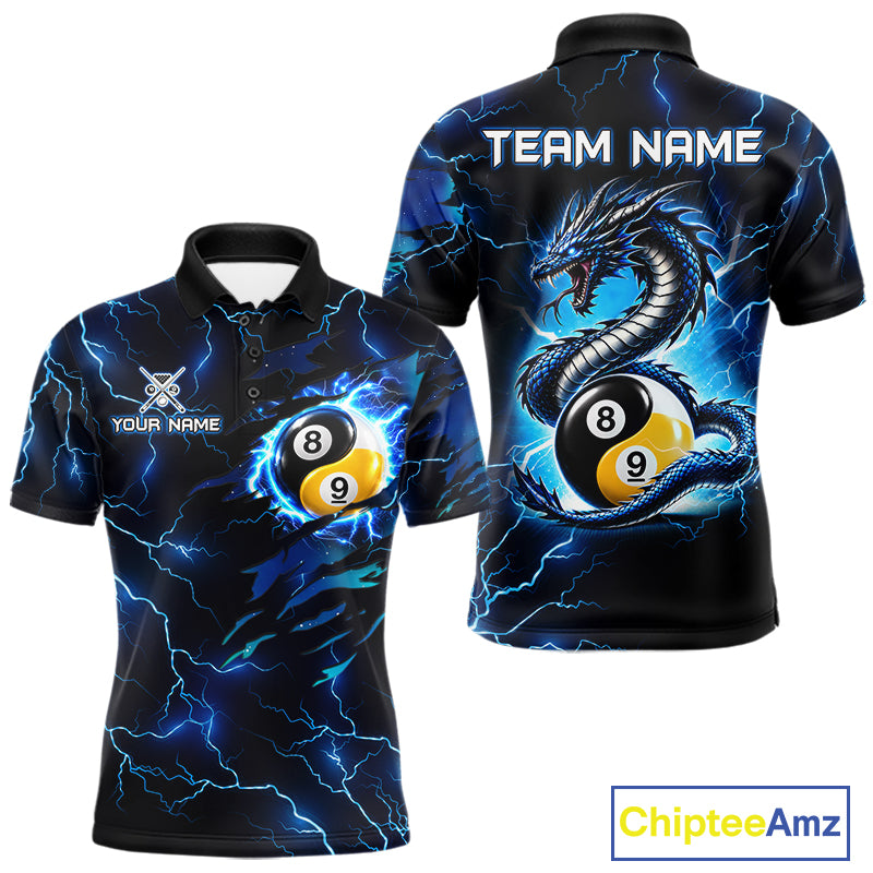 Blue Lightning Yinyang 8 Ball & 9 Ball Dragon Billiard Shirts For Men Custom Pool Team Jersey TDM7711