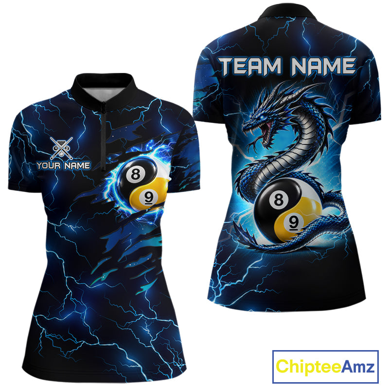 Blue Lightning Yinyang 8 Ball & 9 Ball Dragon Billiard Shirts For Women Custom Pool Team Jersey TDM7711