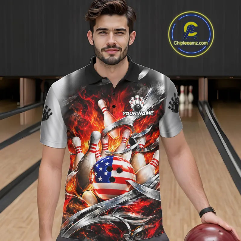 Custom Silver Orange Flame American Flag Bowling Shirts For Men, Bowling League Team Jersey TDM7718