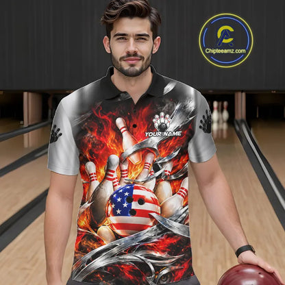 Custom Silver Orange Flame American Flag Bowling Shirts For Men, Bowling League Team Jersey TDM7718