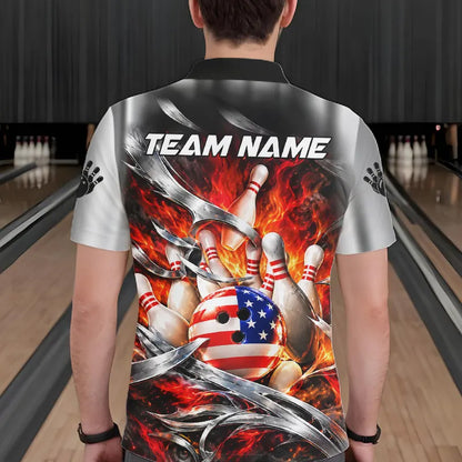 Custom Silver Orange Flame American Flag Bowling Shirts For Men, Bowling League Team Jersey TDM7718