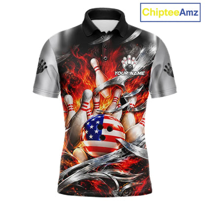 Custom Silver Orange Flame American Flag Bowling Shirts For Men, Bowling League Team Jersey TDM7718