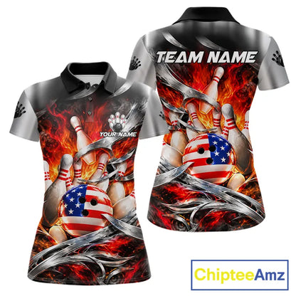 Custom Silver Orange Flame American Flag Bowling Shirts For Women, Bowling League Team Jersey TDM7718