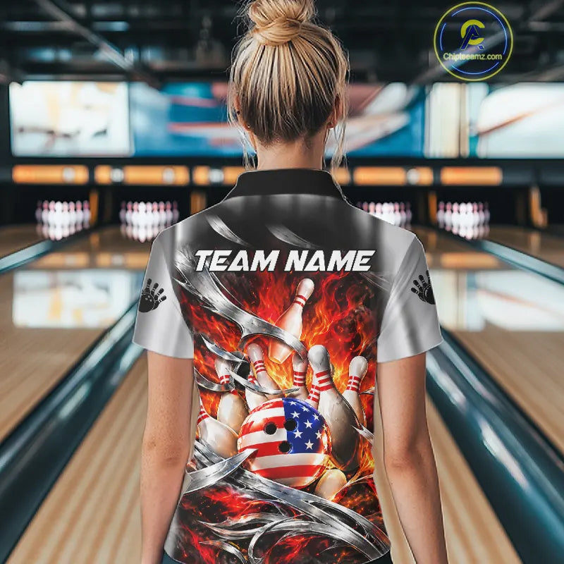 Custom Silver Orange Flame American Flag Bowling Shirts For Women, Bowling League Team Jersey TDM7718