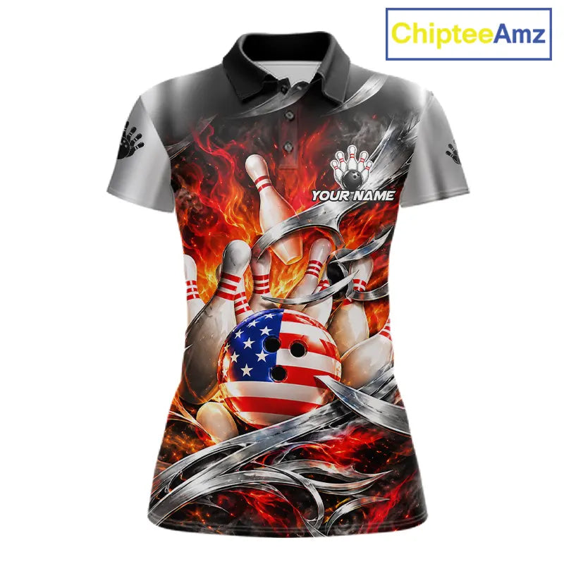 Custom Silver Orange Flame American Flag Bowling Shirts For Women, Bowling League Team Jersey TDM7718