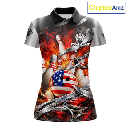 Custom Silver Orange Flame American Flag Bowling Shirts For Women, Bowling League Team Jersey TDM7718