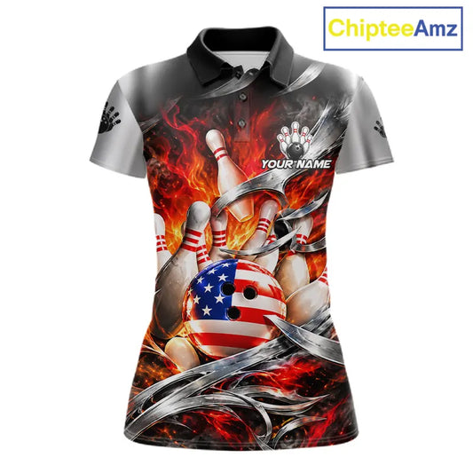 Custom Silver Orange Flame American Flag Bowling Shirts For Women, Bowling League Team Jersey TDM7718