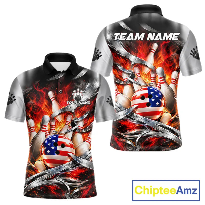 Custom Silver Orange Flame American Flag Bowling Shirts For Men, Bowling League Team Jersey TDM7718