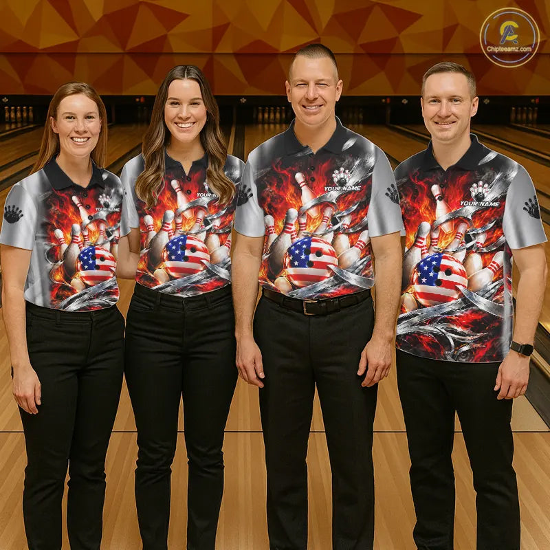 Custom Silver Orange Flame American Flag Bowling Shirts For Women, Bowling League Team Jersey TDM7718