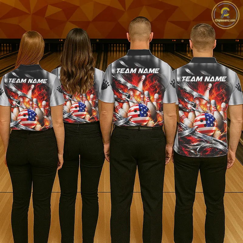 Custom Silver Orange Flame American Flag Bowling Shirts For Women, Bowling League Team Jersey TDM7718