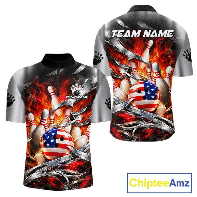 Custom Silver Orange Flame American Flag Bowling Shirts For Men, Bowling League Team Jersey TDM7718