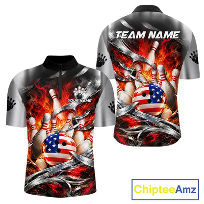 Custom Silver Orange Flame American Flag Bowling Shirts For Men, Bowling League Team Jersey TDM7718