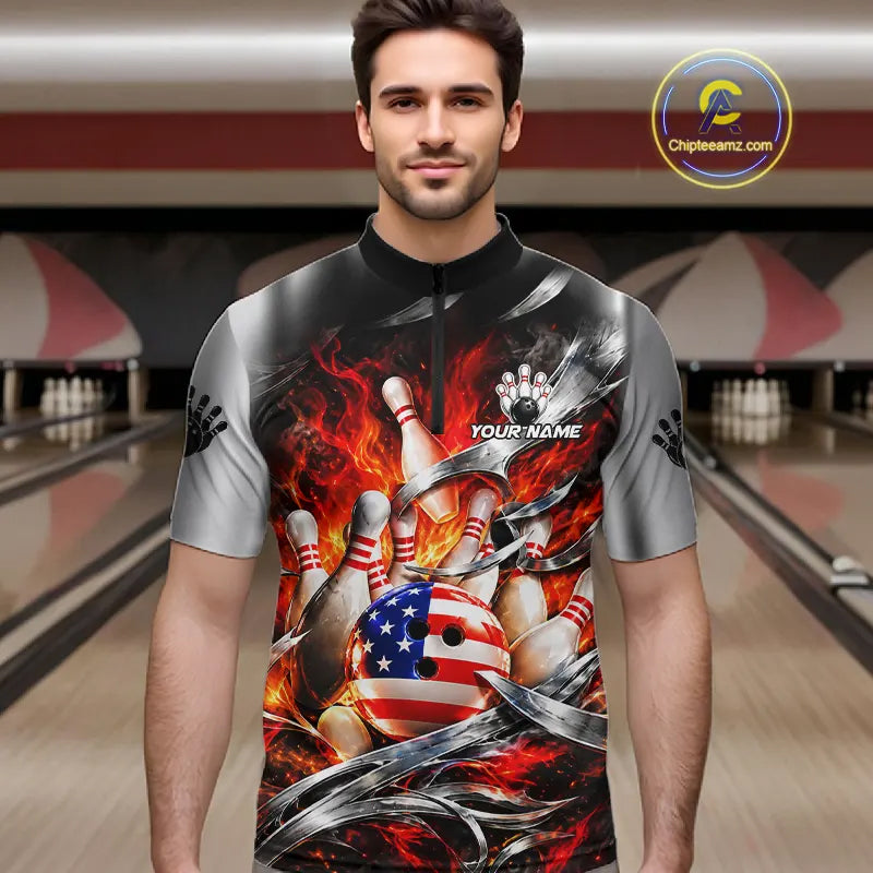 Custom Silver Orange Flame American Flag Bowling Shirts For Men, Bowling League Team Jersey TDM7718