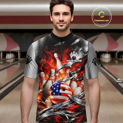 Custom Silver Orange Flame American Flag Bowling Shirts For Men, Bowling League Team Jersey TDM7718