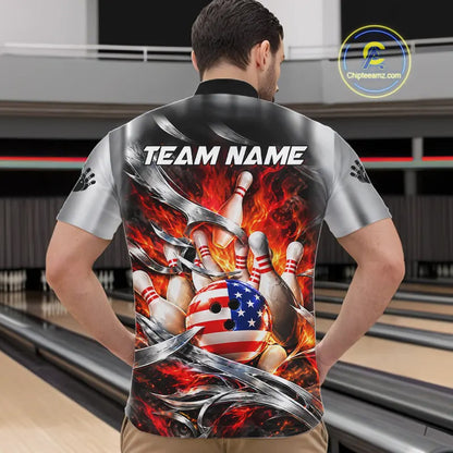 Custom Silver Orange Flame American Flag Bowling Shirts For Men, Bowling League Team Jersey TDM7718
