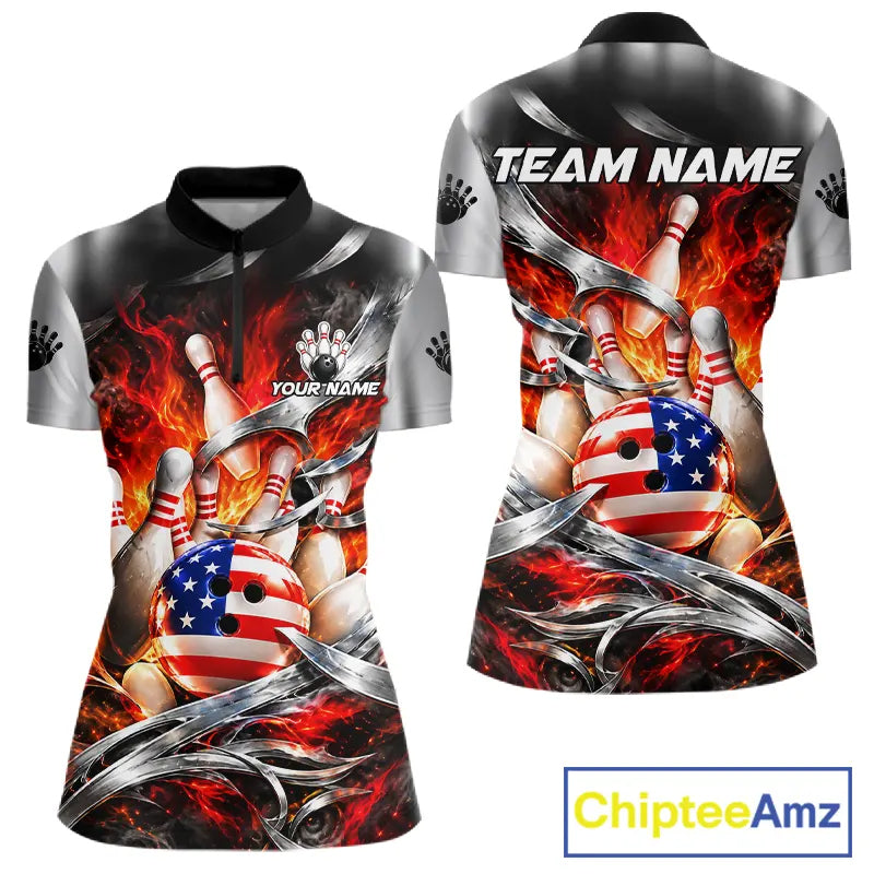 Custom Silver Orange Flame American Flag Bowling Shirts For Women, Bowling League Team Jersey TDM7718