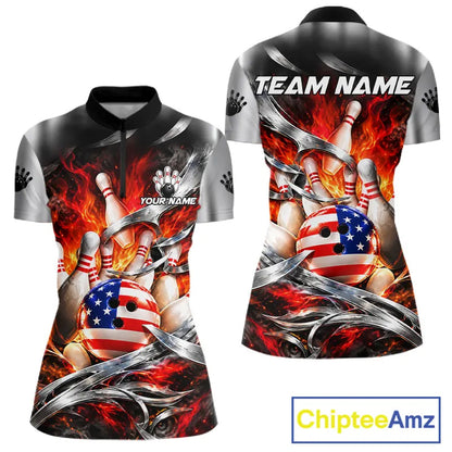 Custom Silver Orange Flame American Flag Bowling Shirts For Women, Bowling League Team Jersey TDM7718