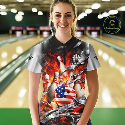 Custom Silver Orange Flame American Flag Bowling Shirts For Women, Bowling League Team Jersey TDM7718